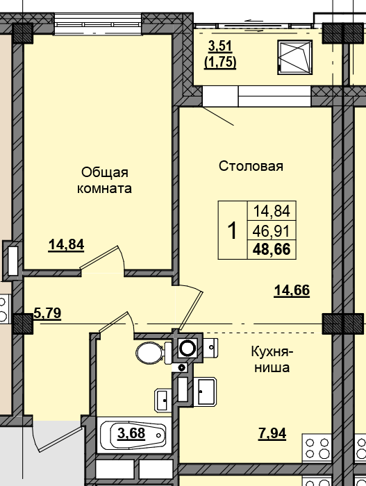 1 комн., 48.15 м²