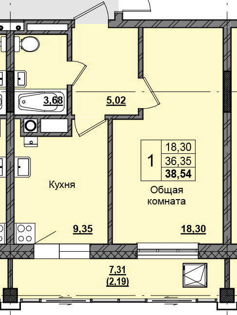1 комн., 38.46 м²
