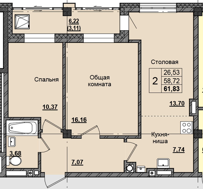 2 комн., 61.32 м²