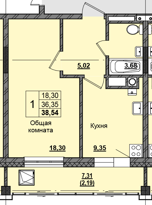 1 комн., 38.46 м²