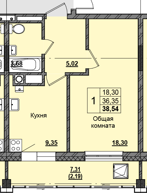 1 комн., 38.46 м²