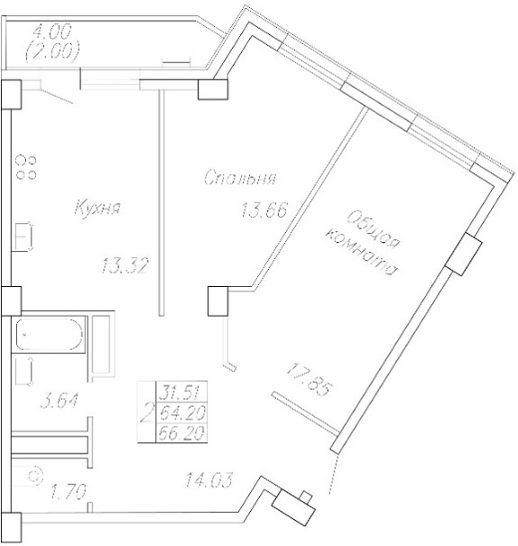 2 комн., 66.2 м²