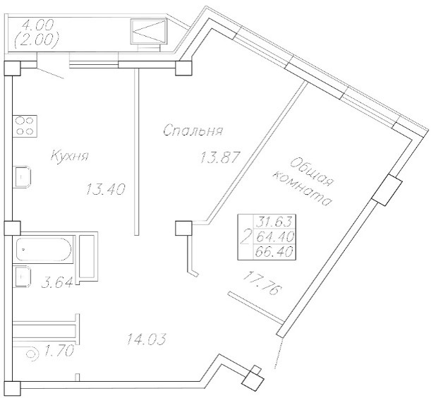 2 комн., 66.4 м²