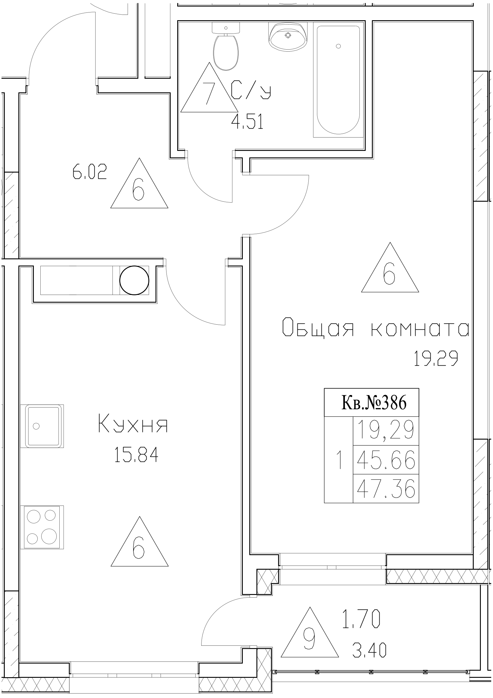 1 комн., 47.36 м²
