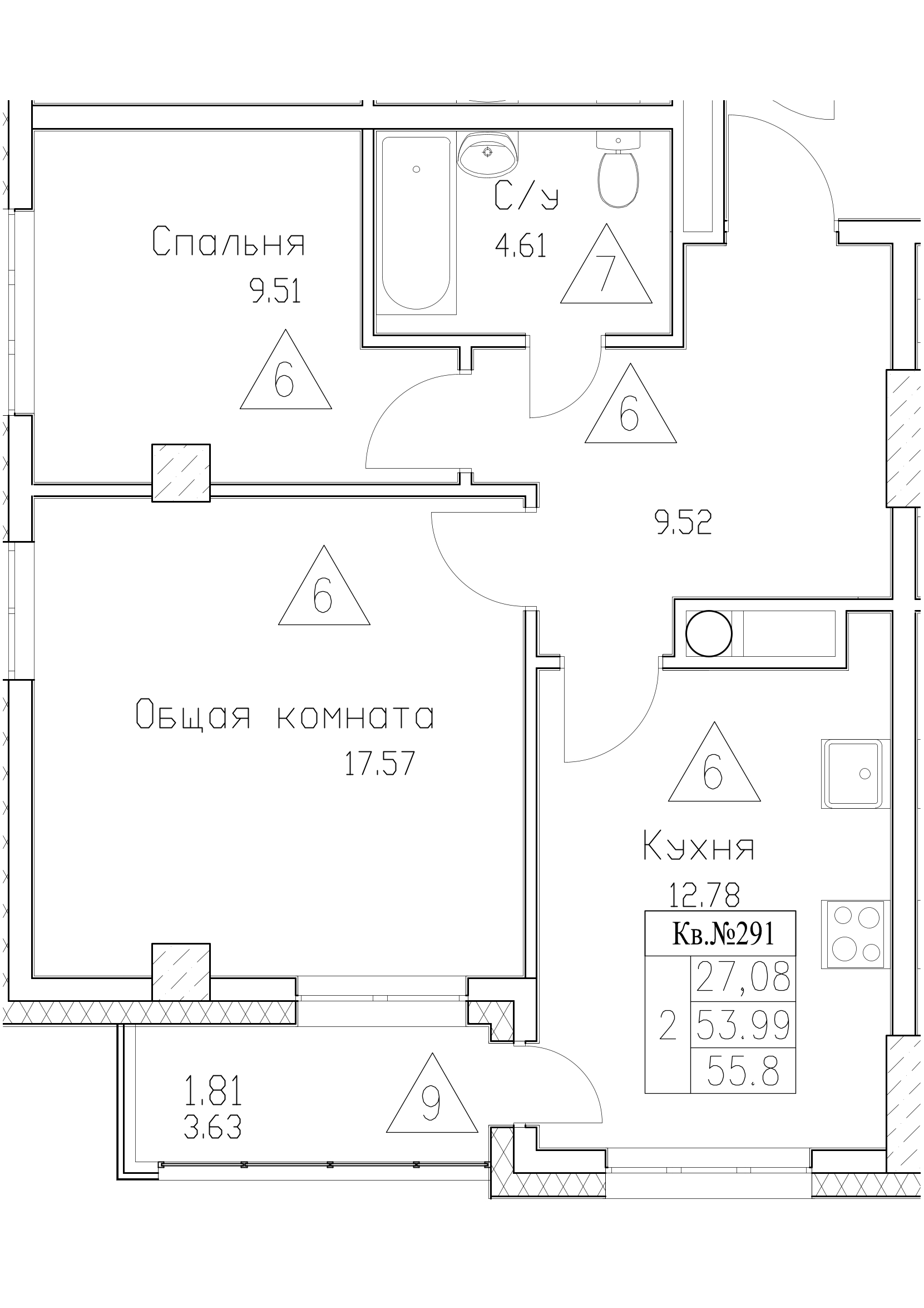 2 комн., 55.80 м²