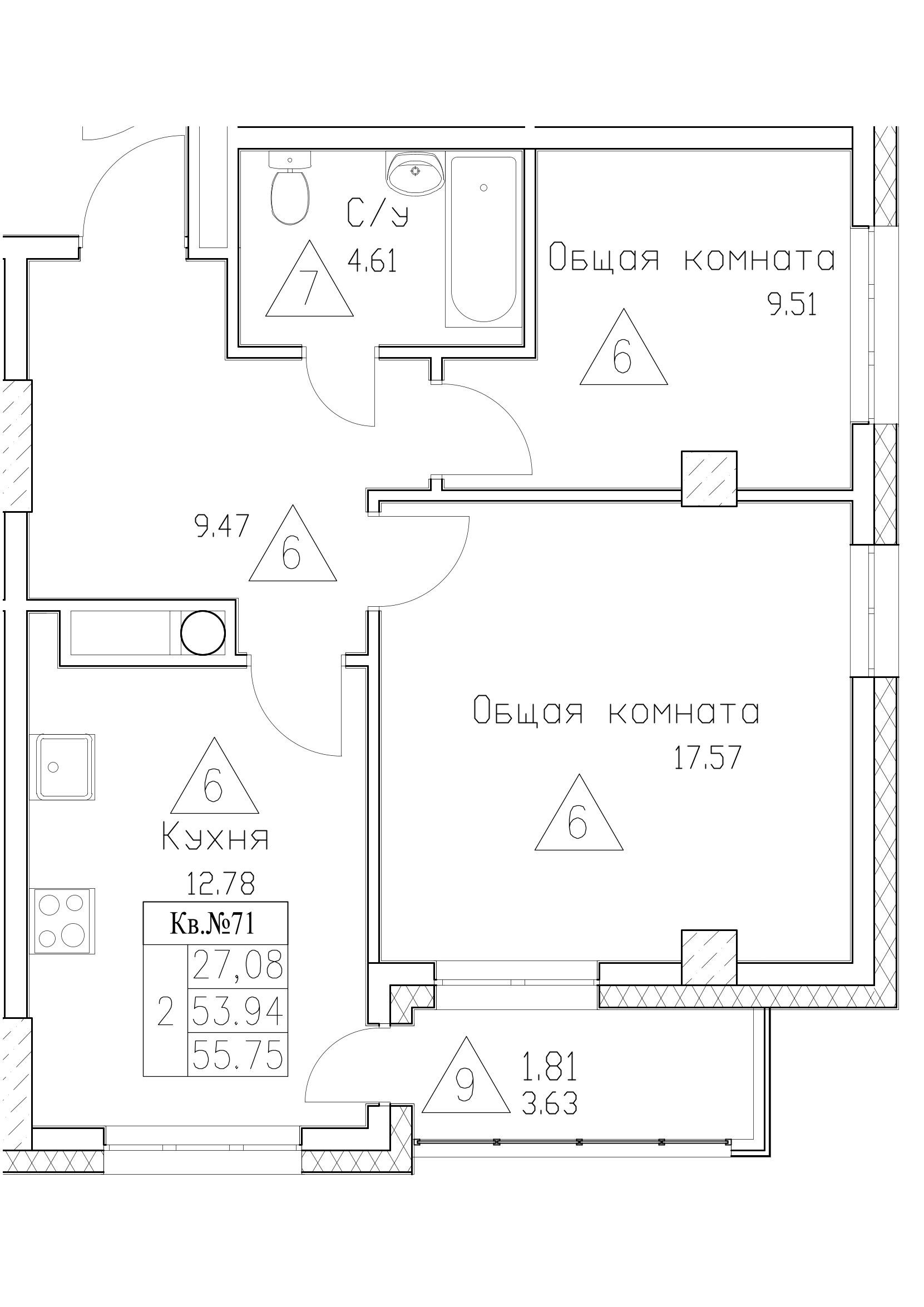 2 комн., 55.75 м²