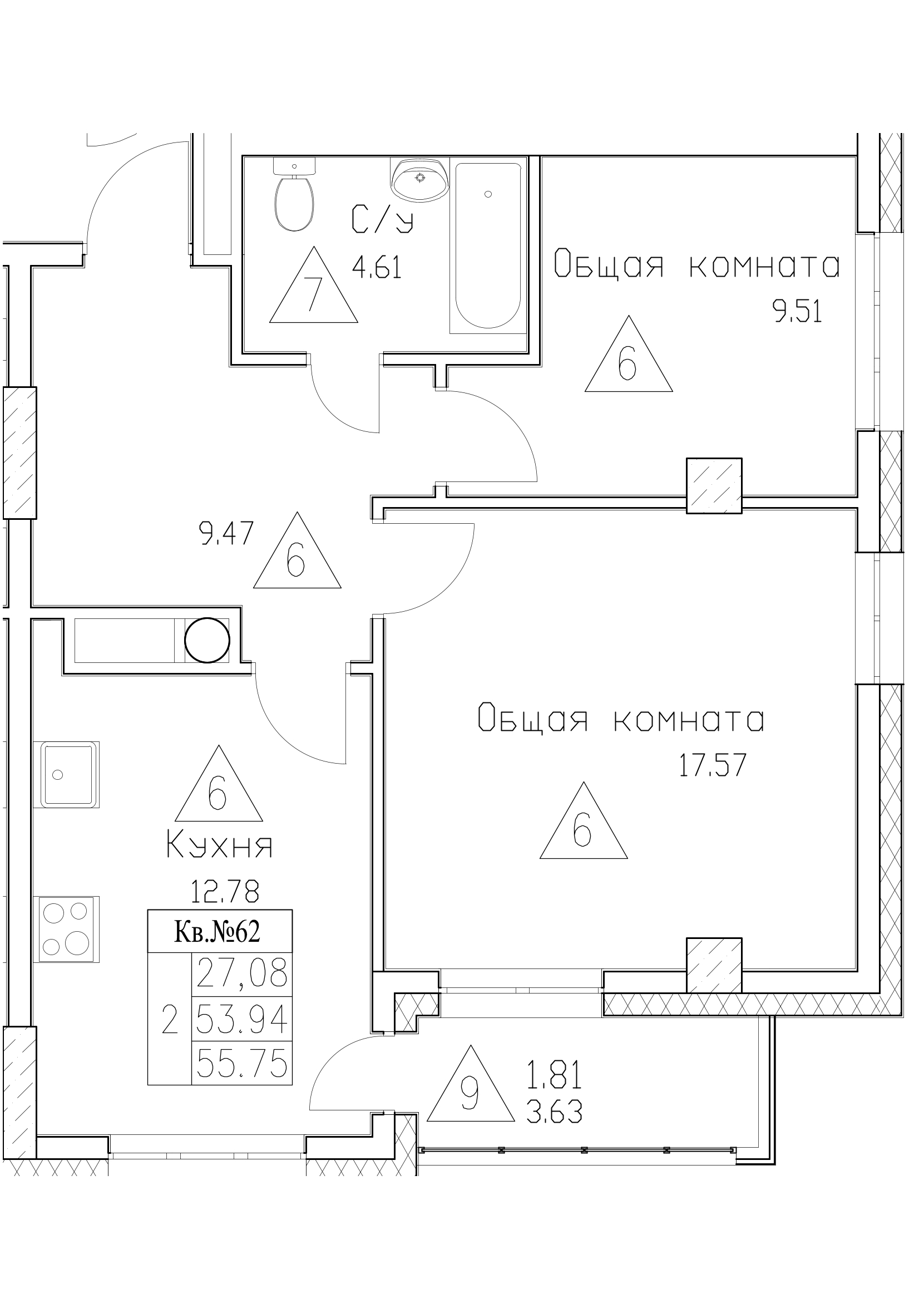 2 комн., 55.75 м²