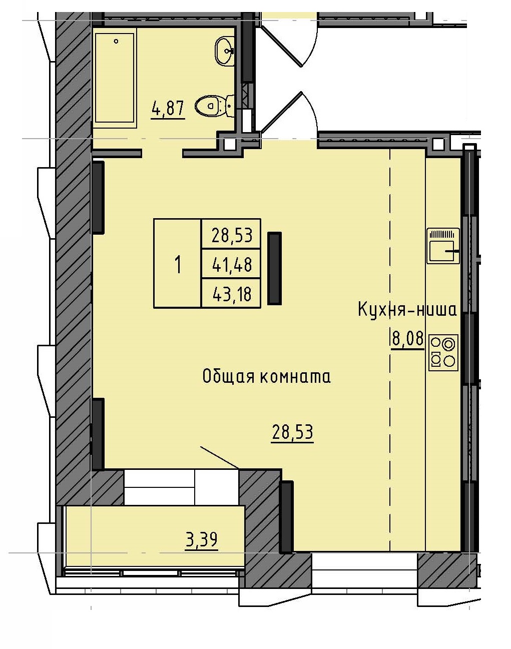 1 комн., 43.18 м²