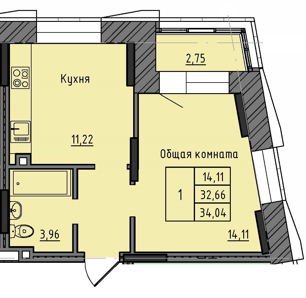 1 комн., 34.04 м²