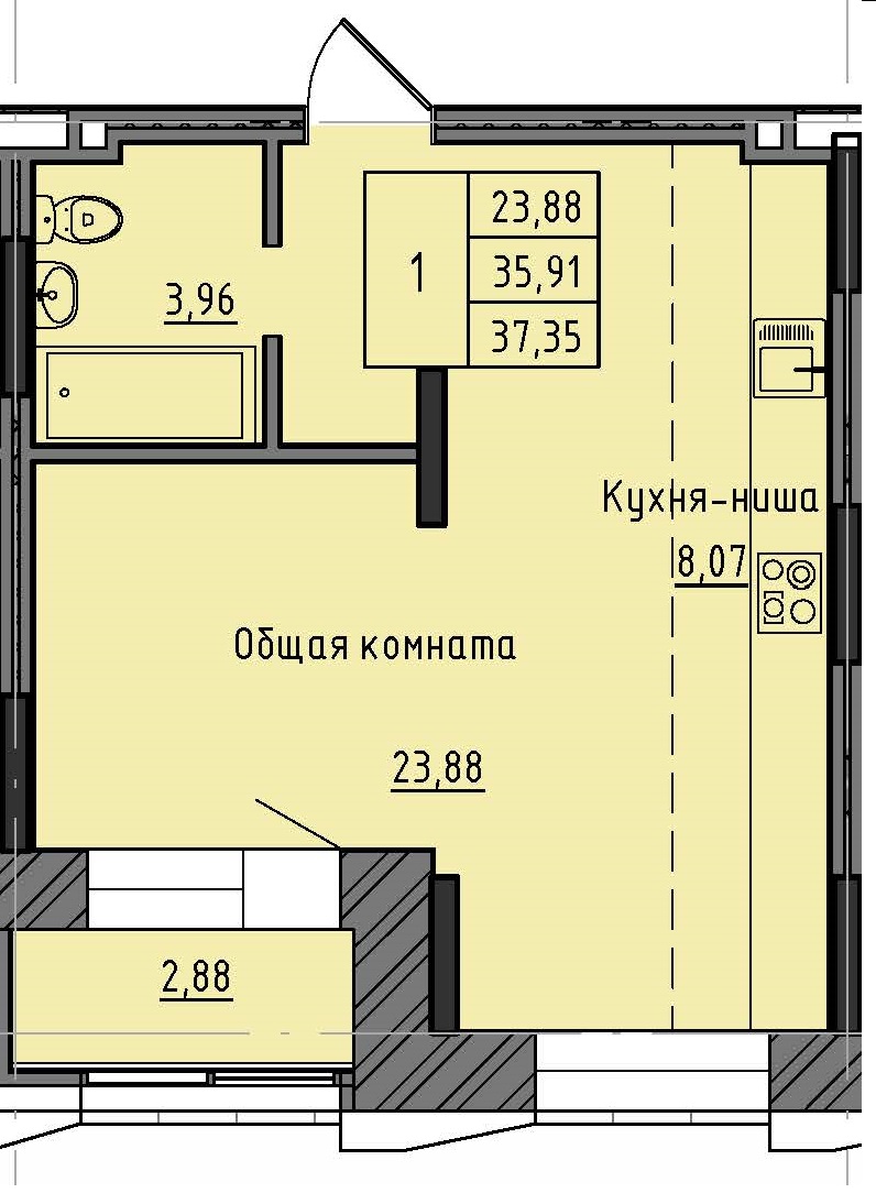 1 комн., 37.35 м²