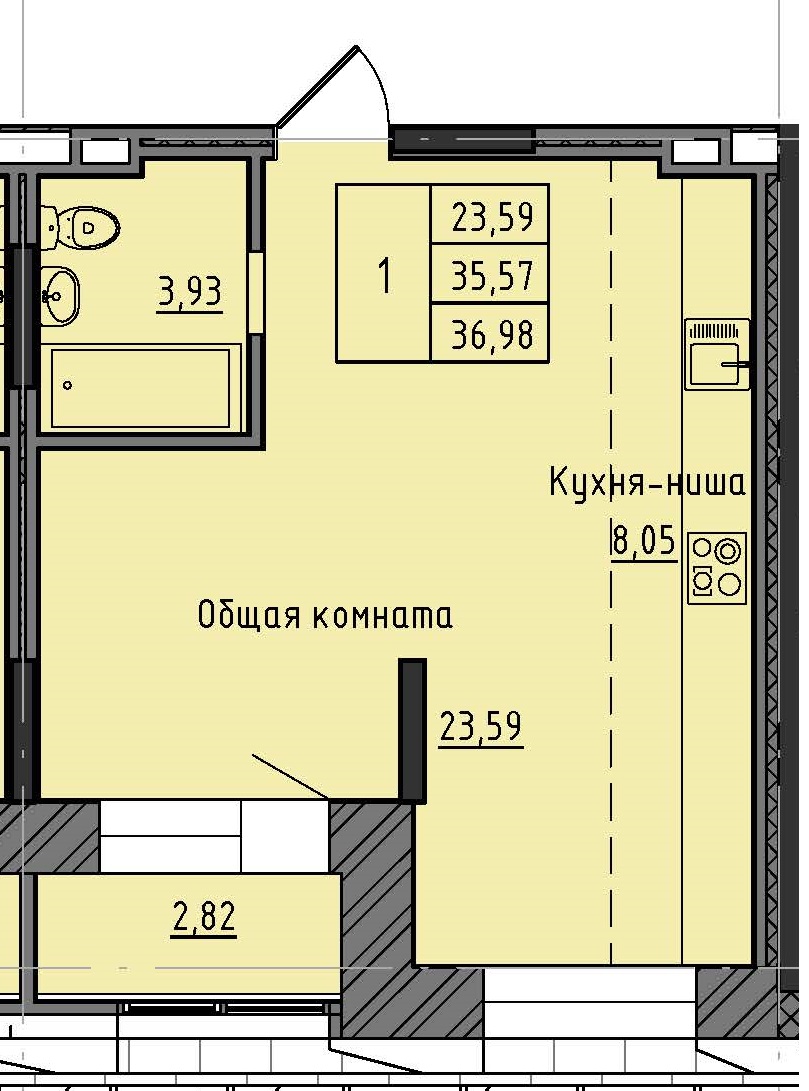 1 комн., 36.98 м²