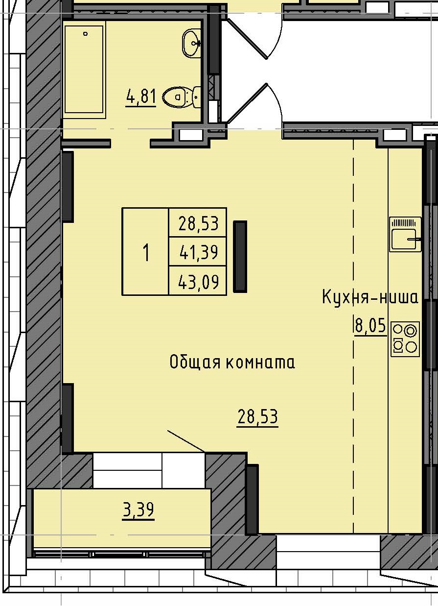 1 комн., 43.09 м²