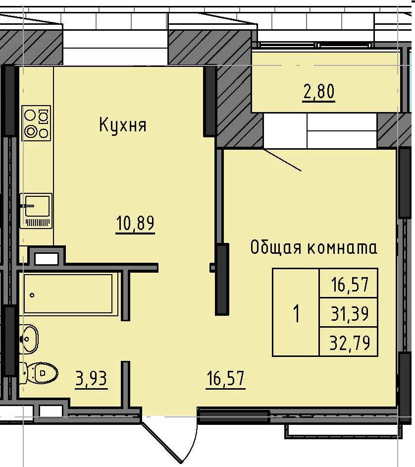 1 комн., 32.79 м²