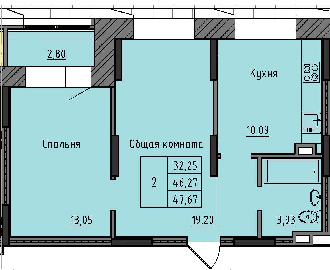 2 комн., 47.67 м²