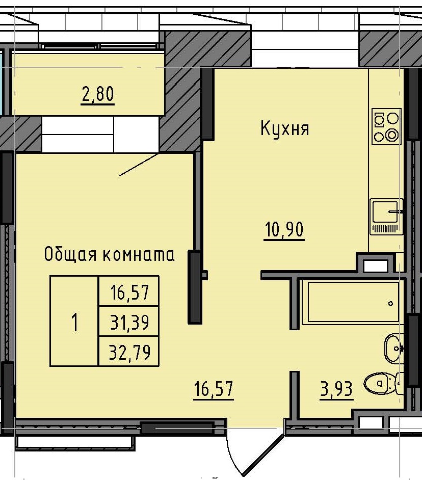 1 комн., 32.79 м²