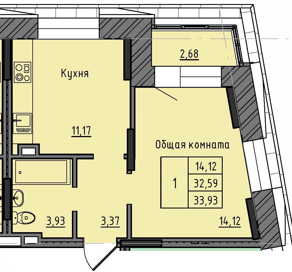 1 комн., 33.93 м²