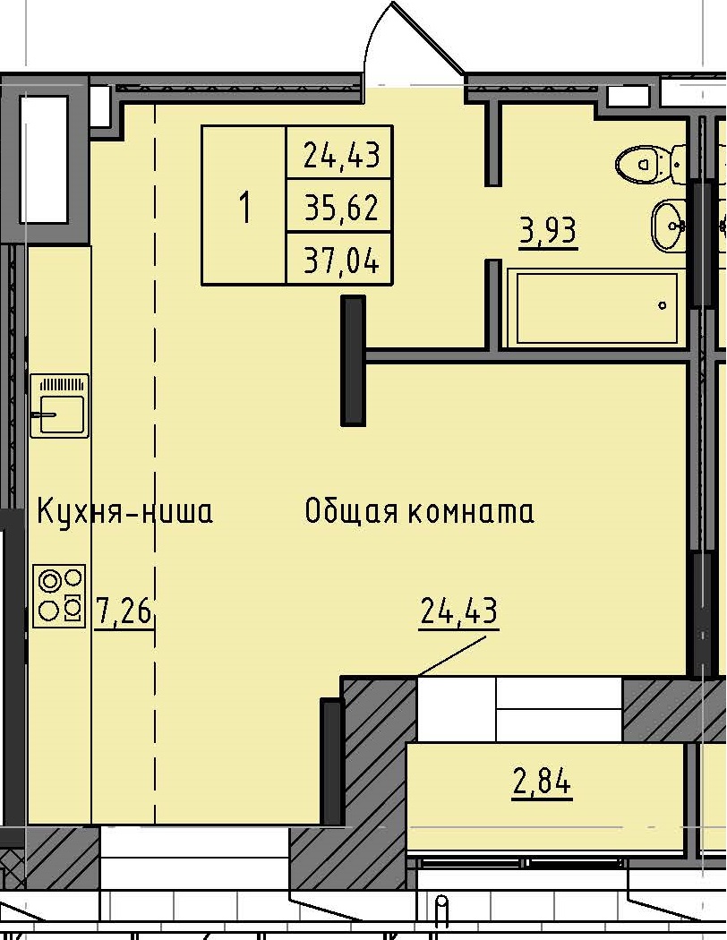 1 комн., 37.04 м²