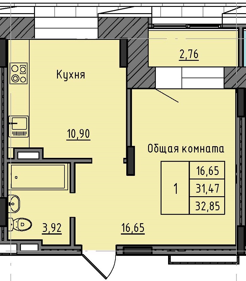 1 комн., 32.85 м²