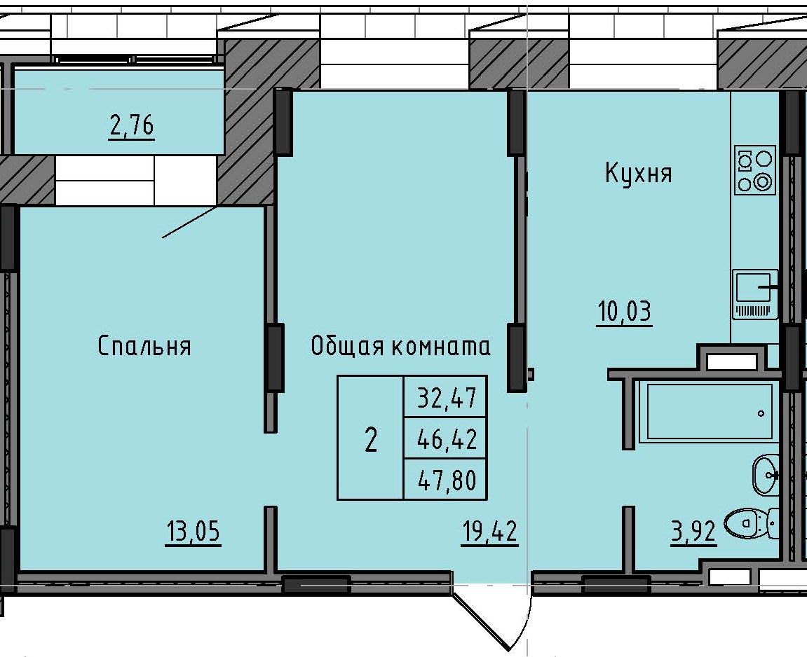 2 комн., 47.80 м²