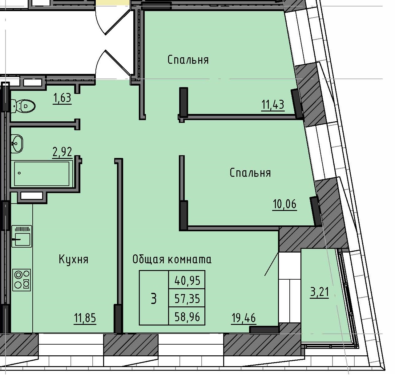 3 комн., 58.96 м²