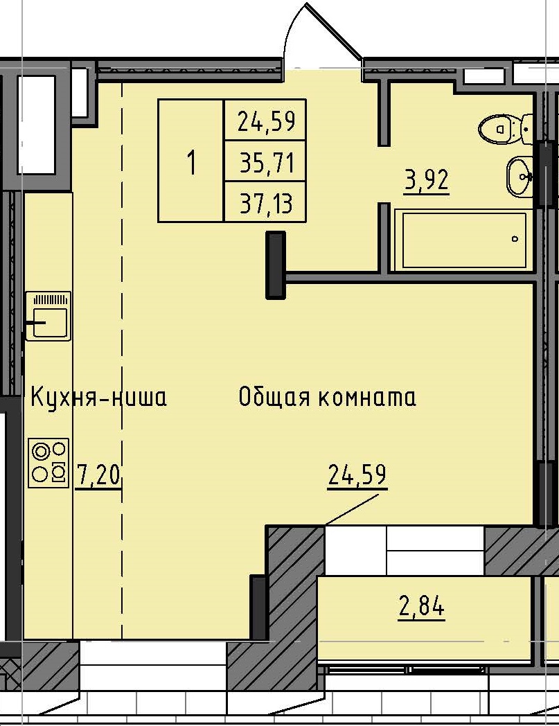 1 комн., 37.13 м²