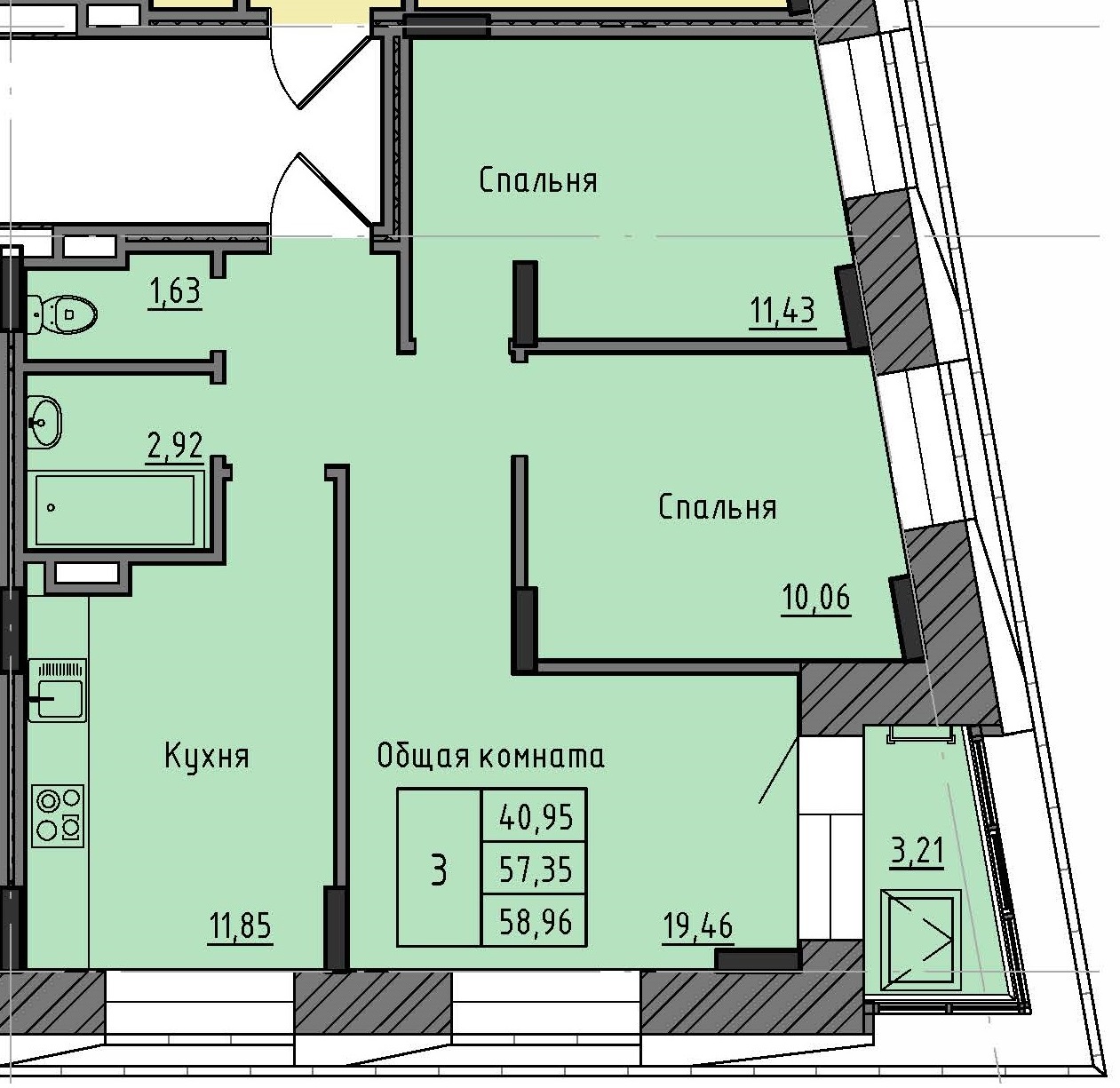 3 комн., 58.96 м²