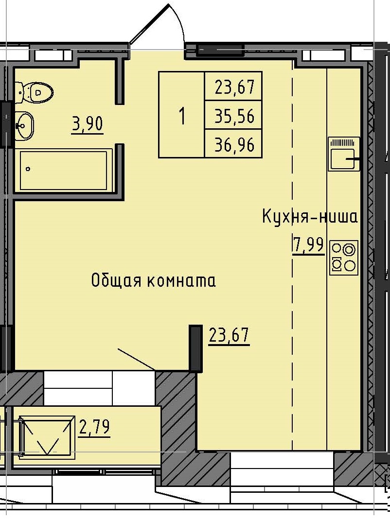 1 комн., 36.96 м²