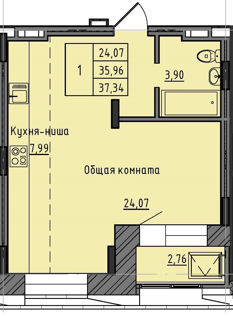 1 комн., 37.34 м²