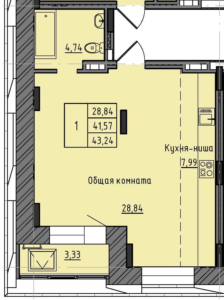 1 комн., 43.24 м²