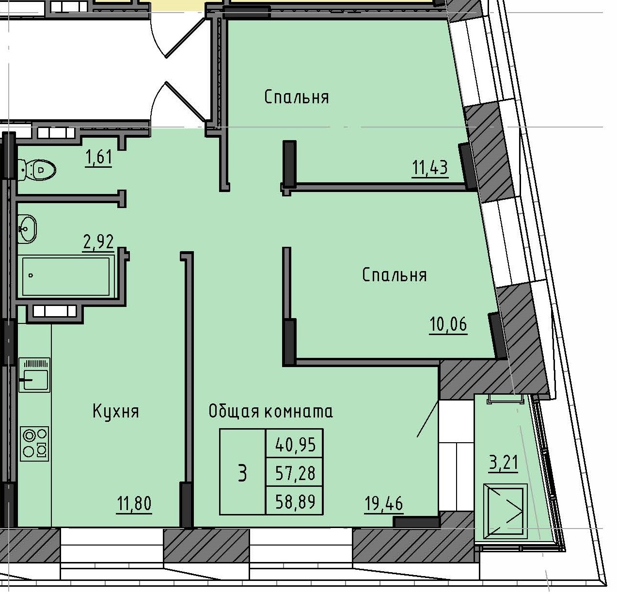 3 комн., 58.89 м²