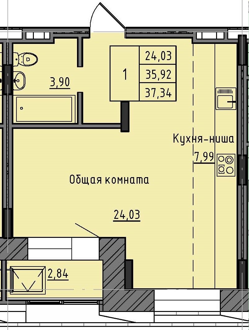 1 комн., 37.34 м²