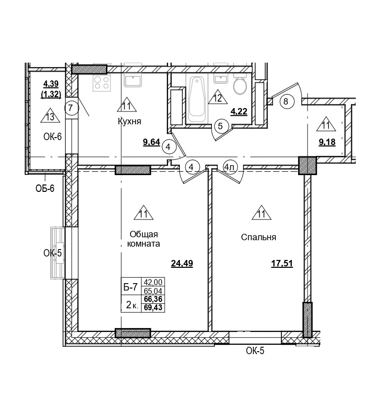 2 комн., 66.36 м²