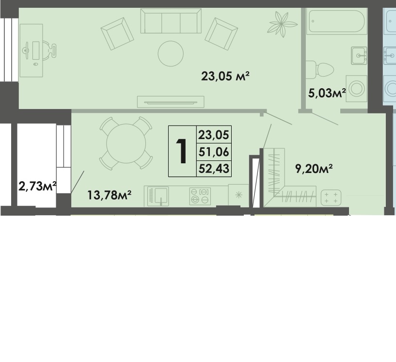 1 комн., 52.47 м²