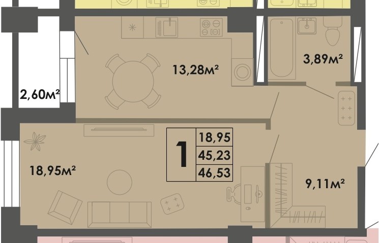 1 комн., 46.84 м²