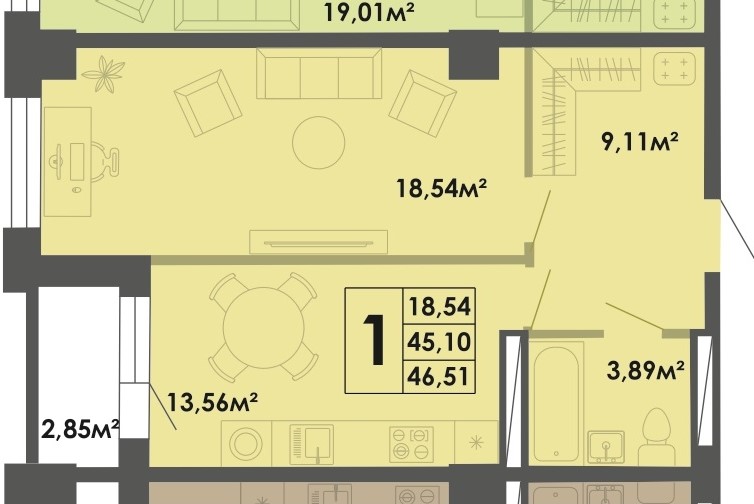 1 комн., 46.51 м², 3 этаж