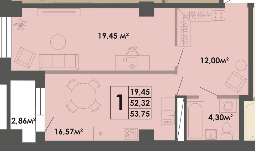 1 комн., 53.75 м², 3 этаж