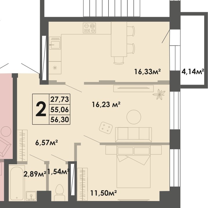 2 комн., 56.73 м²