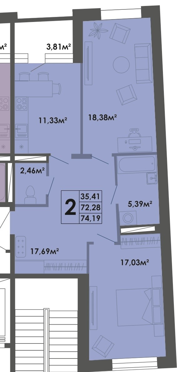 2 комн., 74.2 м²