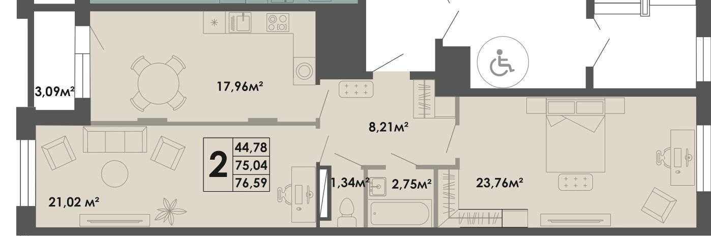 2 комн., 76.59 м²