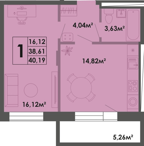 1 комн., 40.19 м², 3 этаж