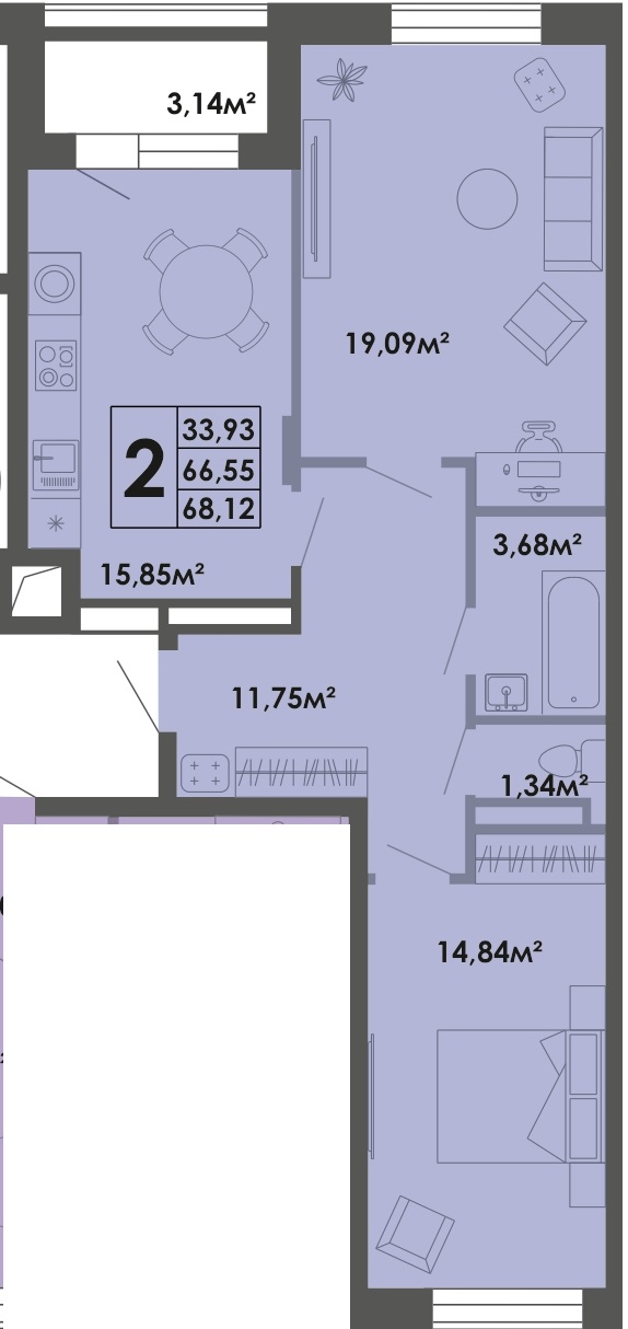 2 комн., 68.1 м²