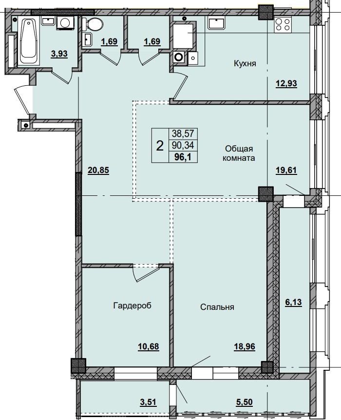 2 комн., 96.10 м²