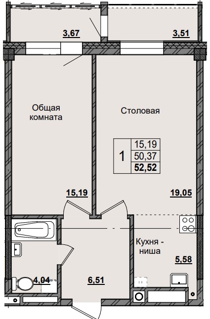 1 комн., 52.52 м²
