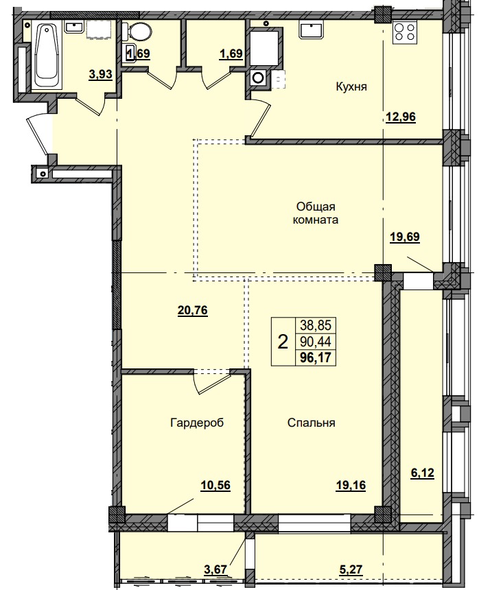 2 комн., 96.17 м²