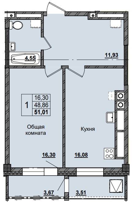 1 комн., 51.01 м²