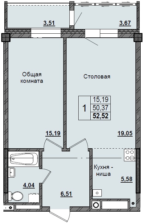 1 комн., 52.52 м²