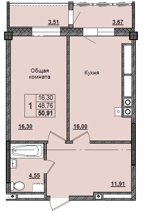 1 комн., 50.91 м²