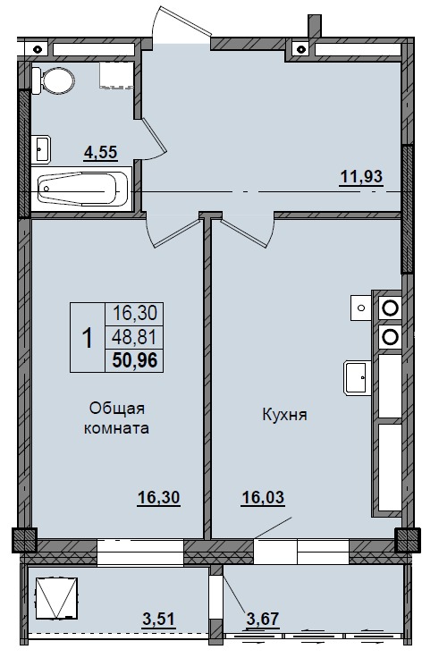 1 комн., 50.96 м²