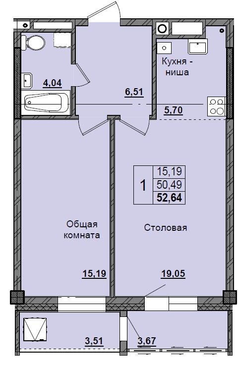 1 комн., 52.64 м²