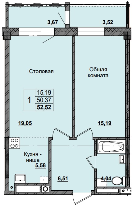 1 комн., 52.52 м²